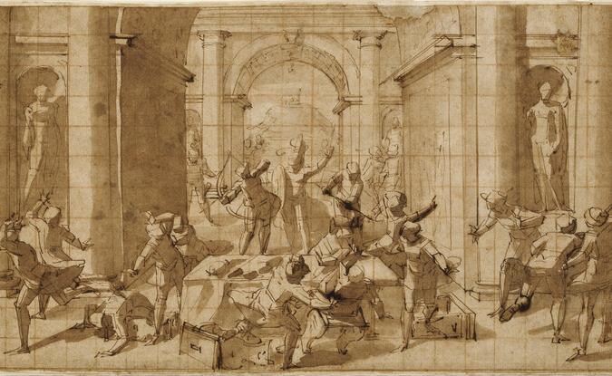 scene of unfinished figures and architectural features